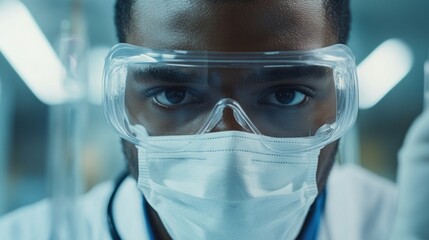 Wall Mural - a dedicated healthcare professional, attired in a mask and goggles, intensely studies patient sample