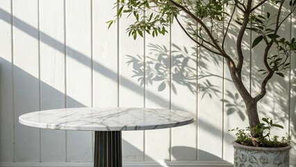 minimalist interior design, white curved staircase, shadow play, potted plant, natural light, archit