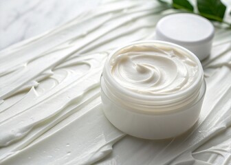 creamy white moisturizer in jar, open container of cosmetic cream, glass jar on white wooden surface