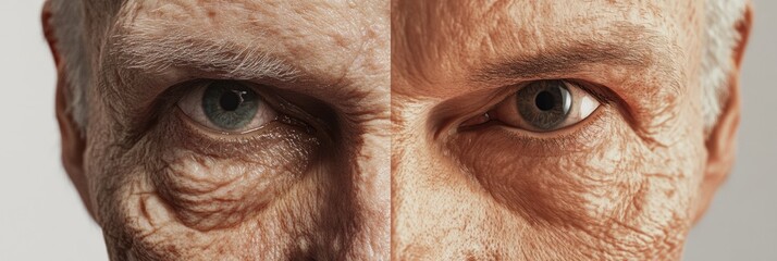Poster - Transformation of aging skin to youthful appearance captured in a split view showcasing beauty through rejuvenation. Generative AI