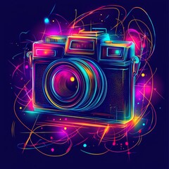 Digital Camera in Neon Lights: A vintage camera, depicted in a vibrant neon style with an array of colorful lights and dynamic energy, creating an artistic and eye-catching visual statement.