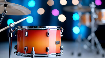 Close Up of Orange Drum Kit on Stage with Blurry Colorful Background