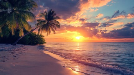 Aufkleber - Vivid sunset over a serene beach with palm trees on a tranquil evening by the ocean. Generative AI