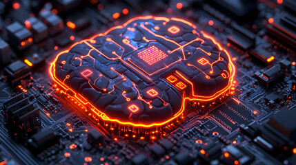 Brain-like Circuitry: An abstract rendering of a brain formed by glowing circuits and processors on a computer board, evoking the concept of artificial intelligence and advanced technology.