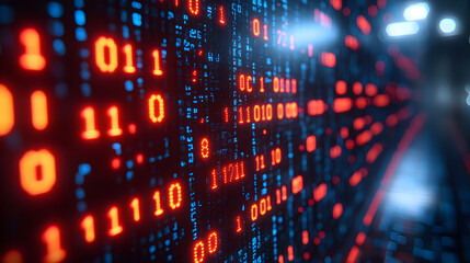 Digital Matrix: A vibrant visualization of binary code streams across a glowing digital landscape, representing the flow of information in a modern technological context. 