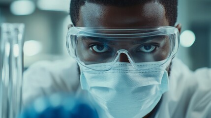 Wall Mural - a focused healthcare expert in personal protective gear examines a sample under bright laboratory li