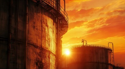 Poster - Massive industrial gas storage tanks silhouetted against a warm orange sunset sky. Generative AI