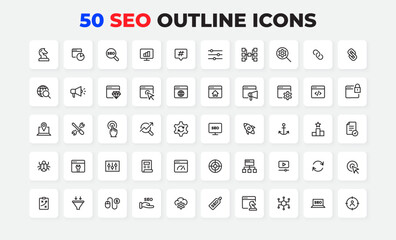 seo outline icons featuring tools and concepts for web and marketing development. perfect for digita