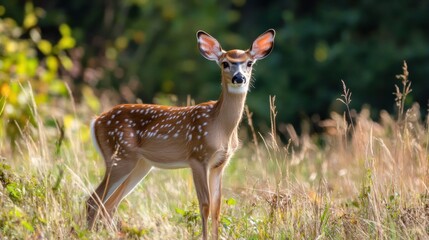 Poster - Fawn standing alert in a green field surrounded by tall grass on a sunny afternoon. Generative AI