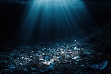 Aufkleber - Underwater view highlighting dead coral and scattered plastic waste in a dimly lit marine environment. Generative AI