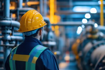 Leinwandbilder - Worker in safety gear observes industrial equipment in a processing plant during evening hours of a busy day. Generative AI