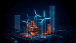 © kusuma ozora - Digital Cityscape Illuminated By Wind Turbines and Glowing Lights in Futuristic Blue and Orange Colors