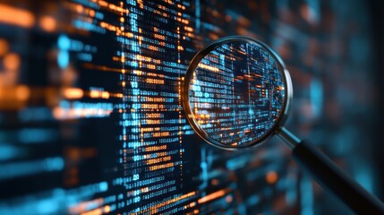 A magnifying glass hovers over a computer screen filled with code, showcasing the meticulous process of online investigation