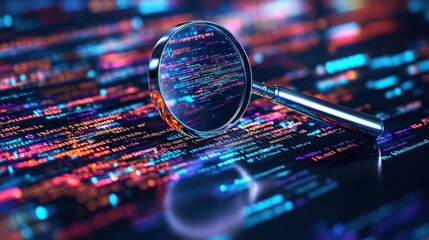 A magnifying glass hovers over a computer screen filled with code, showcasing the meticulous process of online investigation
