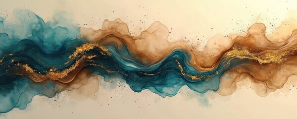 Poster - Abstract brown art with blue, gold accents on beige background. Beautiful alcohol ink smudges, stains, golden paint create marbleized effect. Flowing colors artwork ideal for modern design projects.