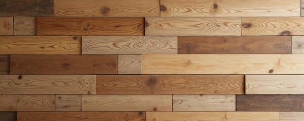 Fototapete - Wooden wall with variety of brown wood planks shows geometric pattern. Timber wall panel, cladding, texture background. Abstract interior decor material surface. Grain hardwood, softwood construction