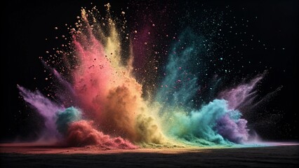 Wall Mural - Explosive burst of vibrant colored powder against a stark black background.  Dynamic image capturing motion, energy, and vivid color play