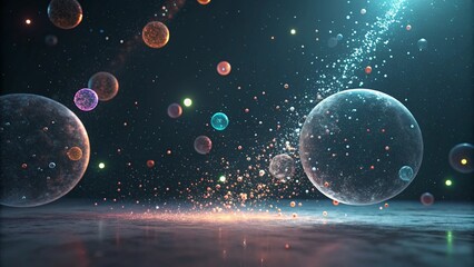 Wall Mural - Close-up of luminous soap bubbles with rainbow colors on a dark, textured surface.  Captivating abstract image showcasing light, color, and delicate spheres