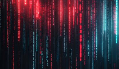 Red and blue binary code streams flowing on dark background