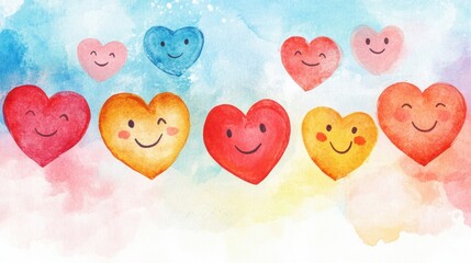 Aufkleber - Colorful watercolor hearts with smiling faces floating in a dreamy pastel background. Generative AI