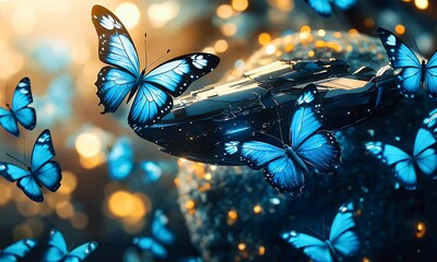 Wall Mural - futuristic sphere with blue butterflies