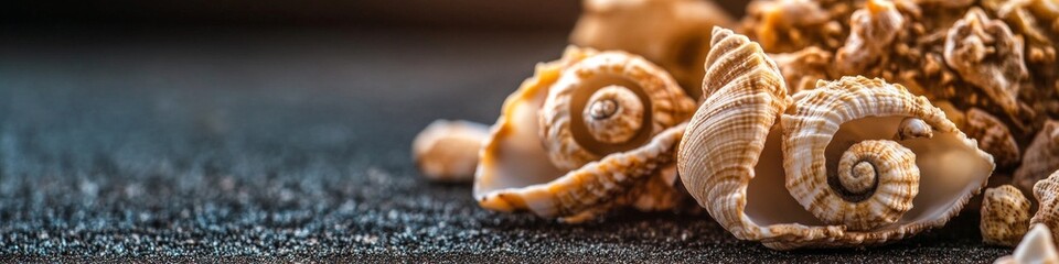 Close-up of seashells on dark sand.  Warm light highlights intricate details.