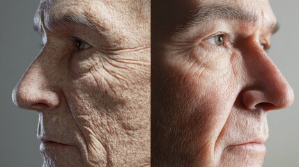 Poster - Transformation of age depicted through split face showing wrinkles and youthful skin. Generative AI