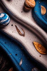 Canvas Print - Abstract art featuring celestial bodies and autumn leaves on a textured surface. Blue and beige tones create a dreamy mood.