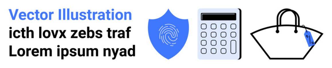 Blue security shield with fingerprint, calculator, and shopping bag with tag. Ideal for cybersecurity, e-commerce, data safety, online payments, technology business marketing. Flat landing page