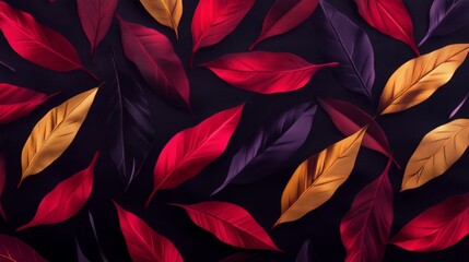 Canvas Print - Vibrant autumn leaves in rich red, gold, and purple hues against a dark background.