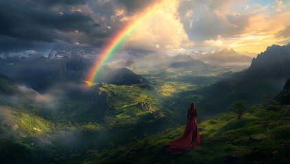 Wall Mural - a rainbow arching over the mountains, casting its vibrant colors on lush green hills under a dramati