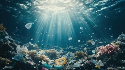 Aufkleber - Underwater ecosystem degradation with dead corals and plastic waste illuminated by dim light rays. Generative AI