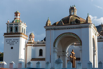 magnificent facade of the national shrine of the virgin of copacabana in bolivia with colonial archi