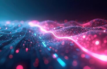 Poster - Abstract futuristic background with pink, blue glowing neon wave lines, blurred bokeh lights. Data transfer concept, fantastic design wallpaper. Tech background, digital motion, vibrant energy,