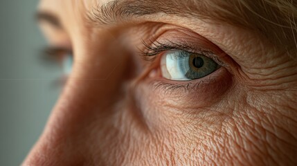 Close up of a senior woman's eye, highlighting wrinkles and potential vision problems, emphasizing the effects of aging on skin and eyesight