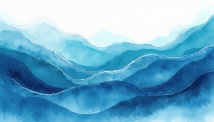 Aufkleber - Abstract watercolor paint layers, blue, teal gradient. Wavy transparent ripples backdrop for copy space text. Smooth silk artistic template for creative wallpaper, poster, card design.