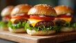 © miss irine - Close-up of gourmet sliders featuring mini burgers with cheese, lettuce, tomato on wooden board. Delicious snack, juicy beef patties, melted cheddar, fresh salad, sesame bun. Perfect for food