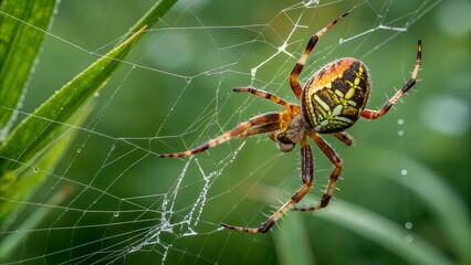 spider in web: a macro shot captures a detailed view of a spider in its intricate web, highlighting 