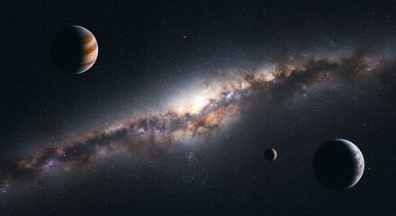 Wall Mural - cosmic landscape with planets and milky way galaxy glowing in space