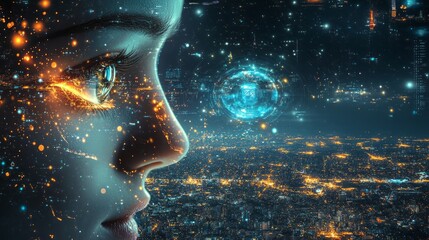 Woman profiles face merged with futuristic city and digital network