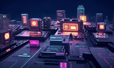 Wall Mural - futuristic city of interconnected data processors