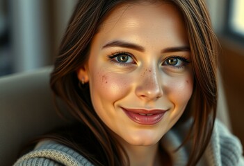 Wall Mural - Female portrait with freckled face in natural light