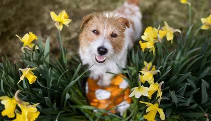 Wall Mural - Happy cute playful pet dog standing on her toy ball and smiling next to daffodil flowers in spring