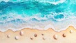 © luck - Watercolor Beach Scene with Turquoise Water and Seashells Scattered on Sand