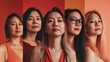 © VICHIZH - Diverse group of Asian women showcasing confidence in stylish orange outfits against a warm gradient background, celebrating beauty and individuality