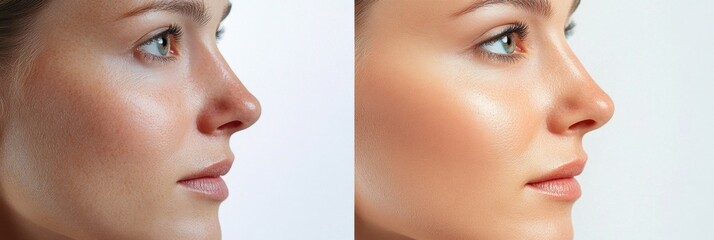 Poster - Split view of a womans face showcasing aging on the left and youthful skin on the right. Generative AI