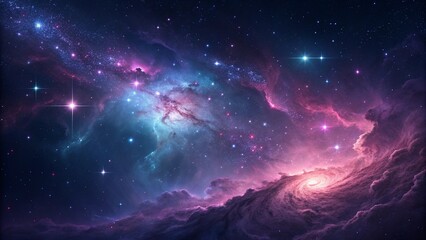 Wall Mural - Abstract space art depicting swirling nebulae in vibrant pinks and blues, interspersed with stars, suitable for use as a background in creative designs