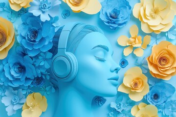 Canvas Print - A serene model with headphones immersed in colorful blue and yellow paper flowers, depicting relaxation and music enjoyment in a vibrant floral background