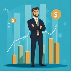 Poster - Confident Businessman Standing Before Growth Charts and Financial Indicators Showing Success
