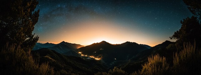 Wall Mural - the night sky with stars, moon, and clouds serves as a mountain background
